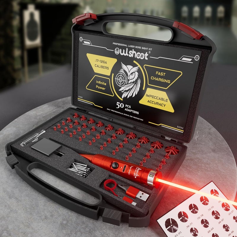 OWLSHOOT Rechargeable Bore Sight Laser Kit: Green/Red Laser Boresighter with 50 Adapters Fit for All Gun(0.17 to 12GA) - Multiple Caliber Quick Zeroing for Rifle Pistol - Shooter Essential - Image 1